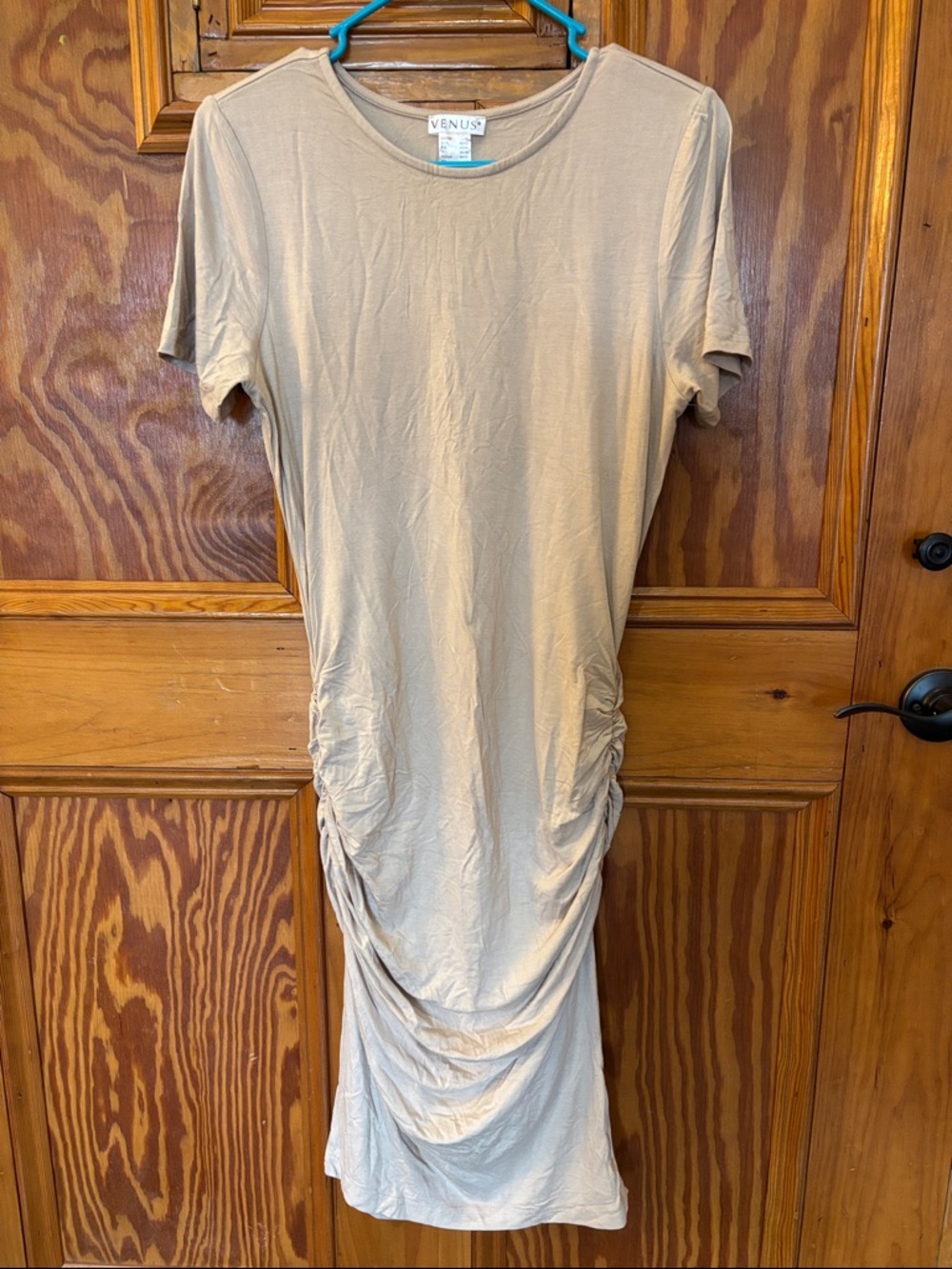 VENUS Tan Ruched-Side Midi T-Shirt Dress